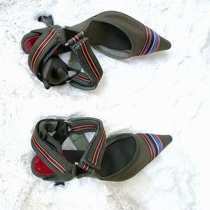 JEFFREY CAMPBELL Atrophy-2 Olive Mesh Shoe Pointy Toe Funky Heel Size 8.5